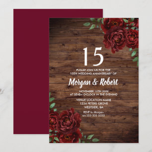 Invitation Rouge Bourgogne Rose Rustique 15e Anniversaire de 