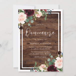 Invitation Rouge Bourguogne Fleuris Rustique Bois Quinceanera