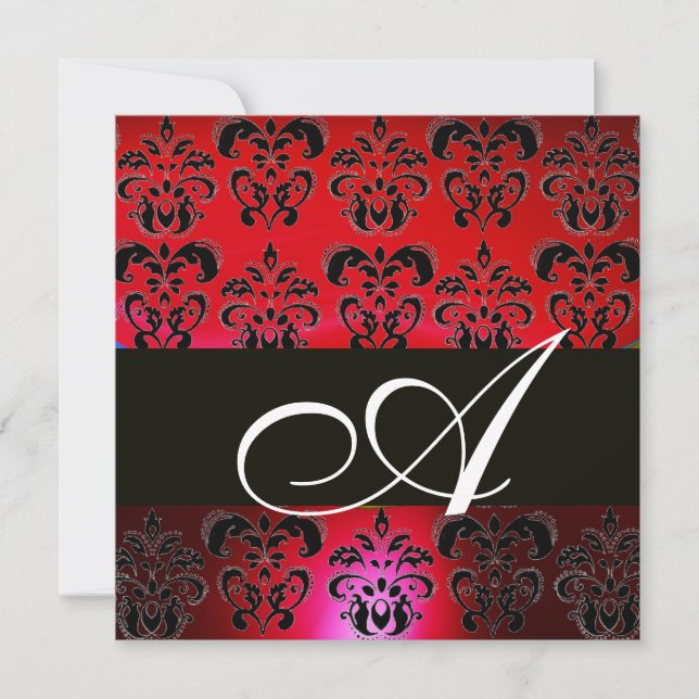 Invitation ROUGE BURGUNDY BLACK DAMASK MONOGRAM, rubis blanc (Devant)