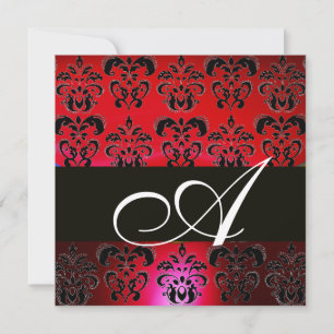 Invitation ROUGE BURGUNDY BLACK DAMASK MONOGRAM, rubis blanc