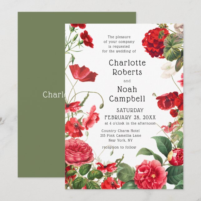 Invitation Rouge Camellia Fleur de Campagne Moderne Mariage F (Devant / Derrière)