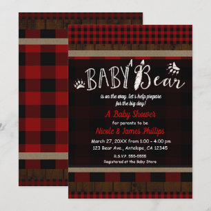 Invitation Rouge Carreaux Rustique Ours Bébé Fête de Naissanc