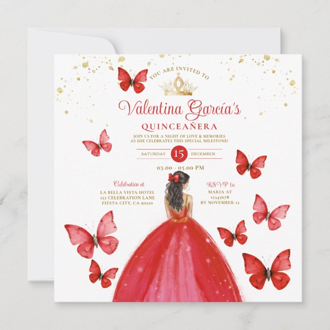 Invitation Rouge clair Quinceañera 15 Anos Butterfly Gold (Devant)