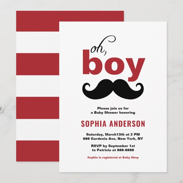 Invitation Rouge classique C'est un Baby shower de moustache  (Devant / Derrière)