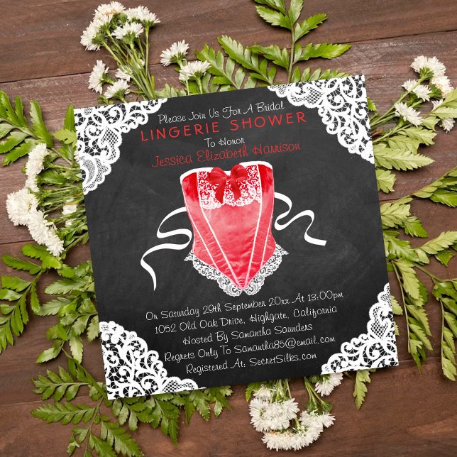 Invitation Rouge Corset blanc dentelle Chalkboard Lingerie Do (Créateur téléchargé)