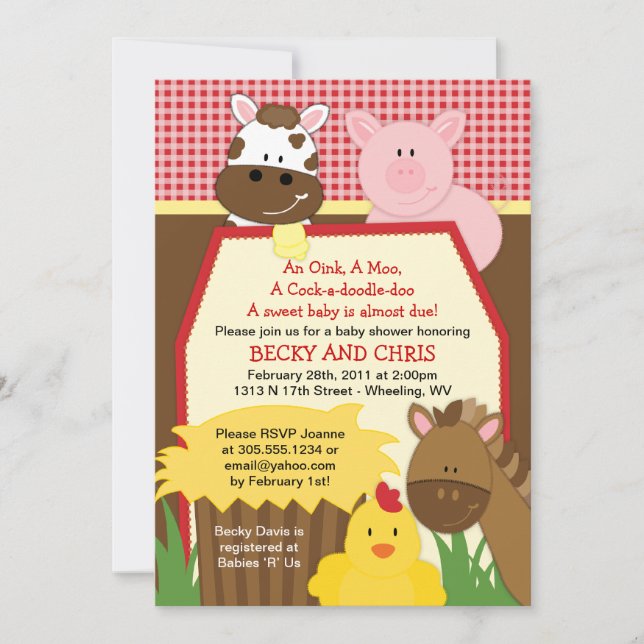 Invitation rouge de baby shower de basse-cour de (Devant)