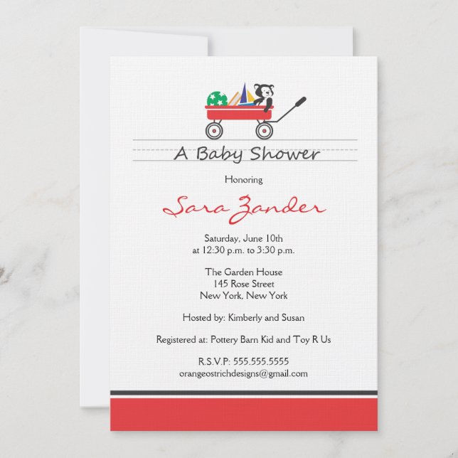 Invitation rouge de baby shower de chariot (Devant)