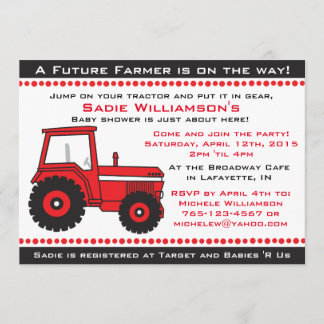 Invitation rouge de baby shower de tracteur