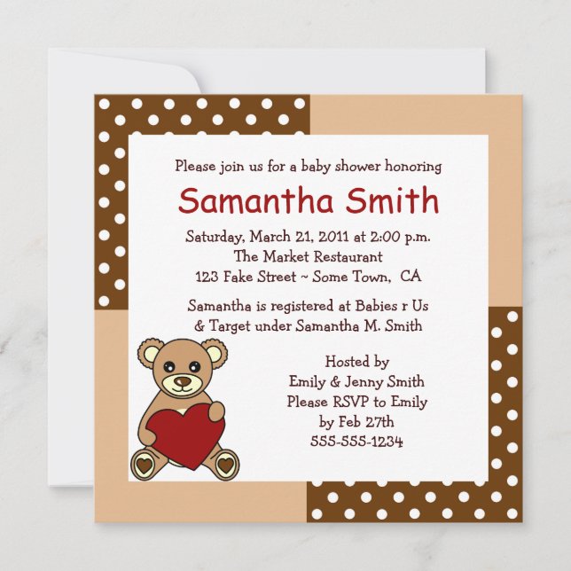 Invitation Rouge de brun d'invitation de baby shower d'ours (Devant)