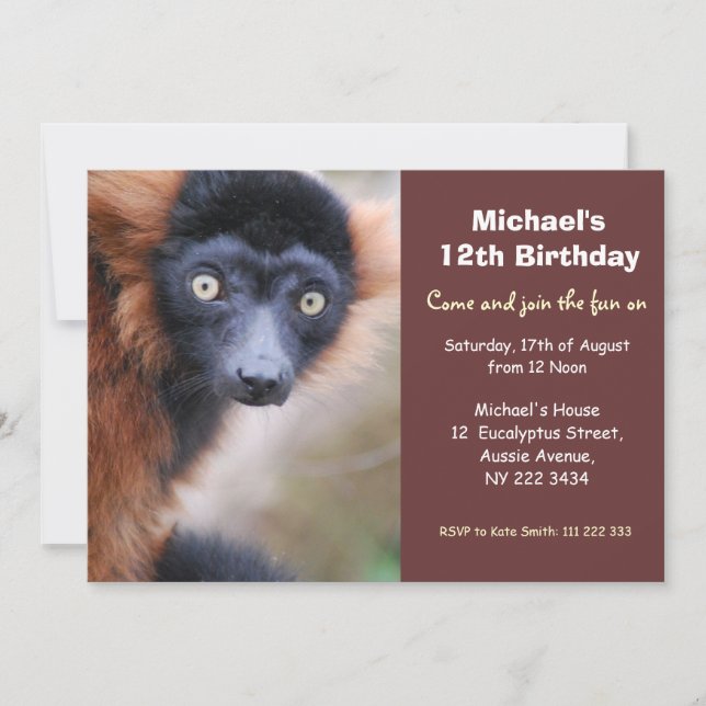 Invitation rouge de fête d'anniversaire de lémur (Devant)