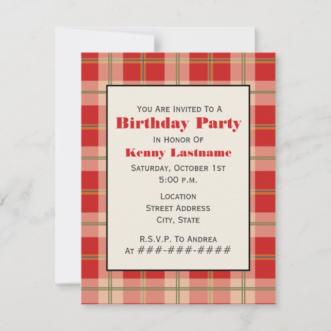 Invitation rouge de fête d'anniversaire de plaid (Devant)