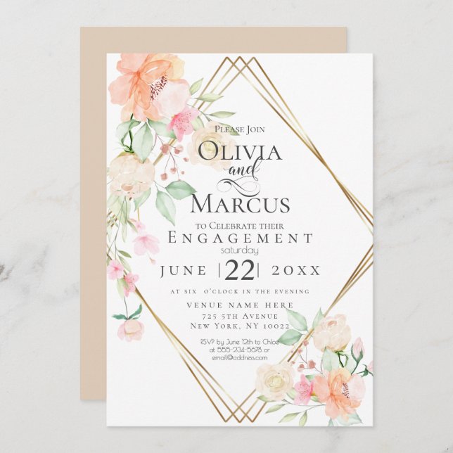Invitation Rouge de fiançailles Crème Corail Printemps Bouque (Devant / Derrière)