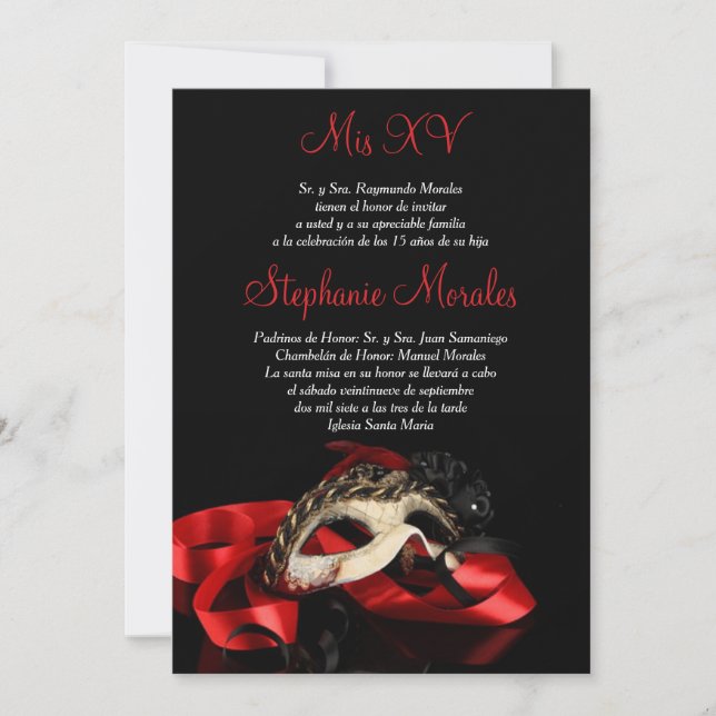 Invitation rouge de Quinceanera de mascarade (Devant)