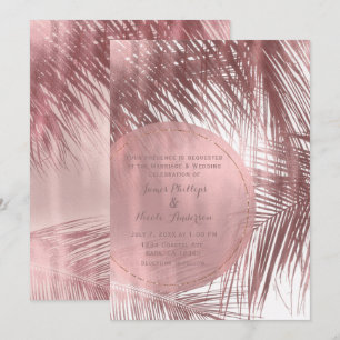 Invitation Rouge doré Fleurs roses Palmiers Mariage Tropical