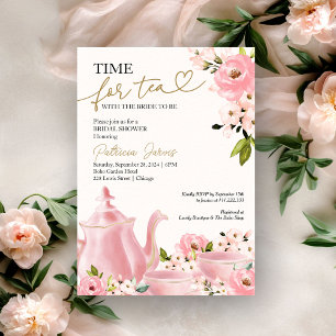 Invitation Rouge Doré Floral : l'Heure du Thé pour une Mariée