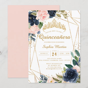 Invitation Rouge doré marine floral géométrique Quinceanera