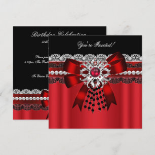 Invitation Rouge Élégant Diamant Noir Argent Dentelle Soirée