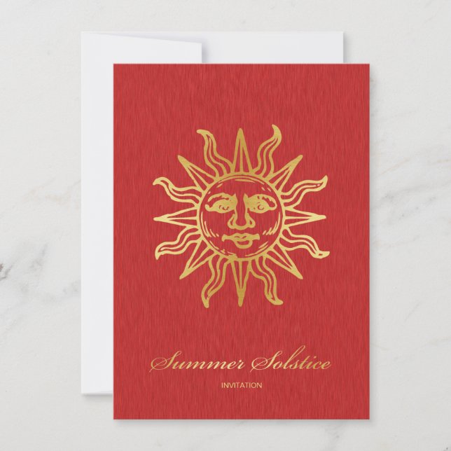 Invitation Rouge élégant et solstice d'été métallique d'or (Devant)
