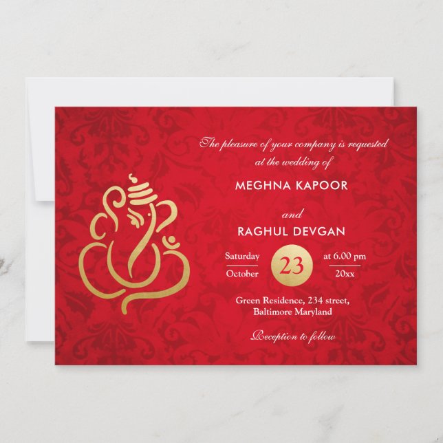 Invitation Rouge Elegant Gold Foil Ganesha Indian Damask  (Devant)