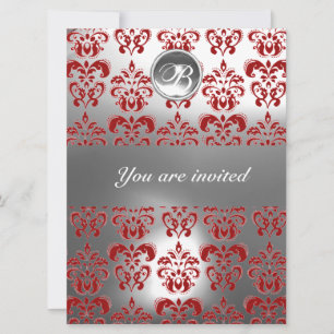 INVITATION ROUGE ET BLANC DAMASSÉ PIERRE PRÉCIEUSE MONOGRAMME