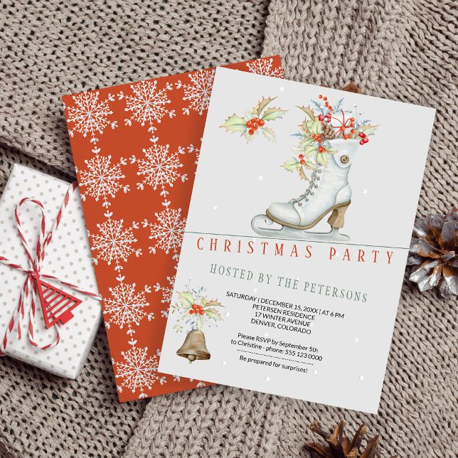 Invitation Rouge et gris | Patinage sur glace et cadeaux Noël (Créateur téléchargé)