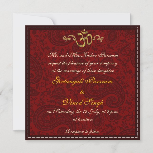 Invitation Rouge et mariage indou de brocard de damassé d'or (Devant)