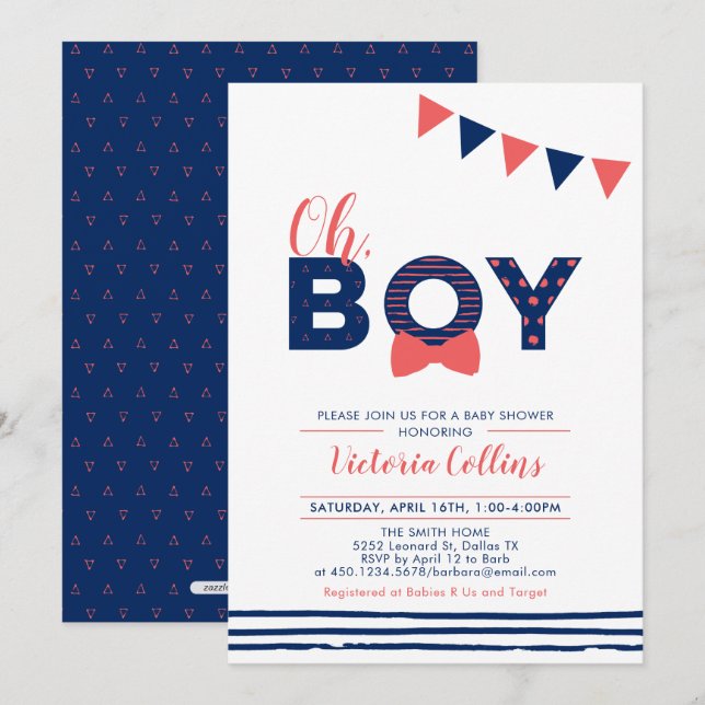 Invitation Rouge et Marine | Typographie moderne Baby shower  (Devant / Derrière)