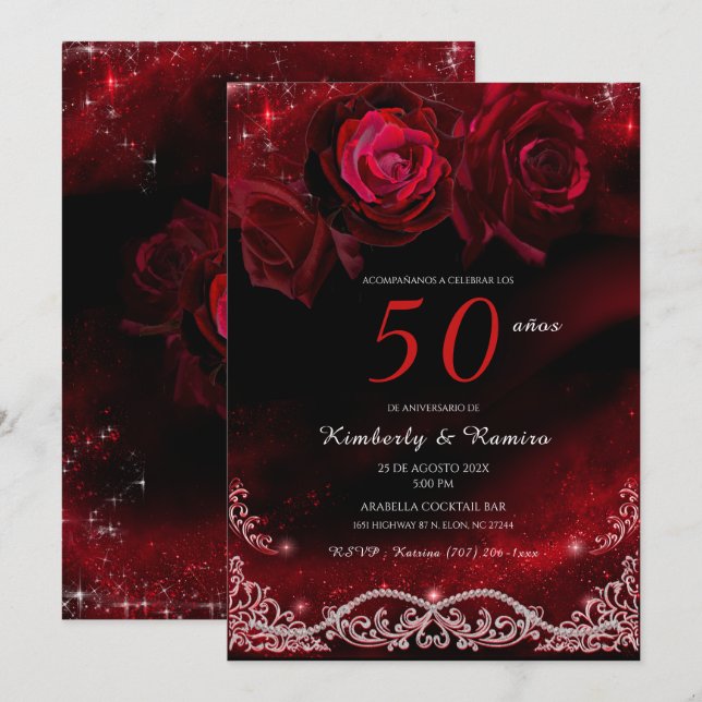 Invitation Rouge et Noir 50e Anniversaire de Mariage (Devant / Derrière)