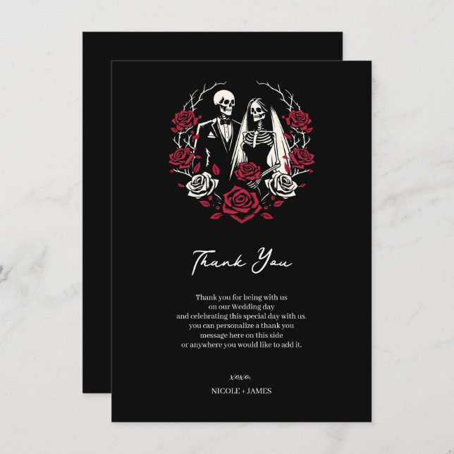 Invitation Rouge et noir blanc Rose Squelette Mariage Merci (Devant / Derrière)