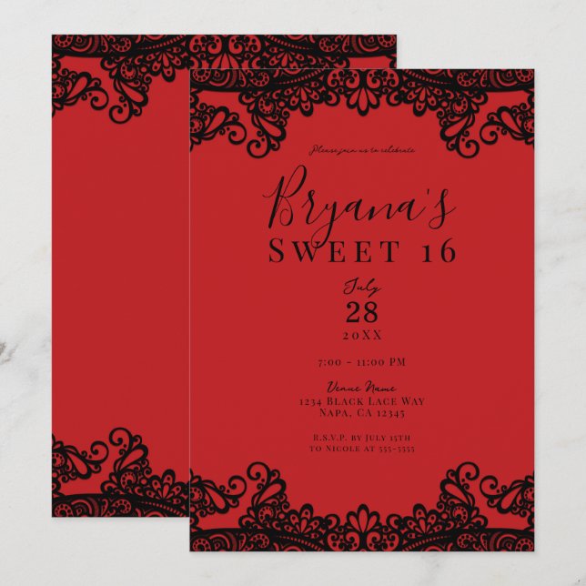 Invitation Rouge et noir dentelle Masquerade Sweet 16 (Devant / Derrière)