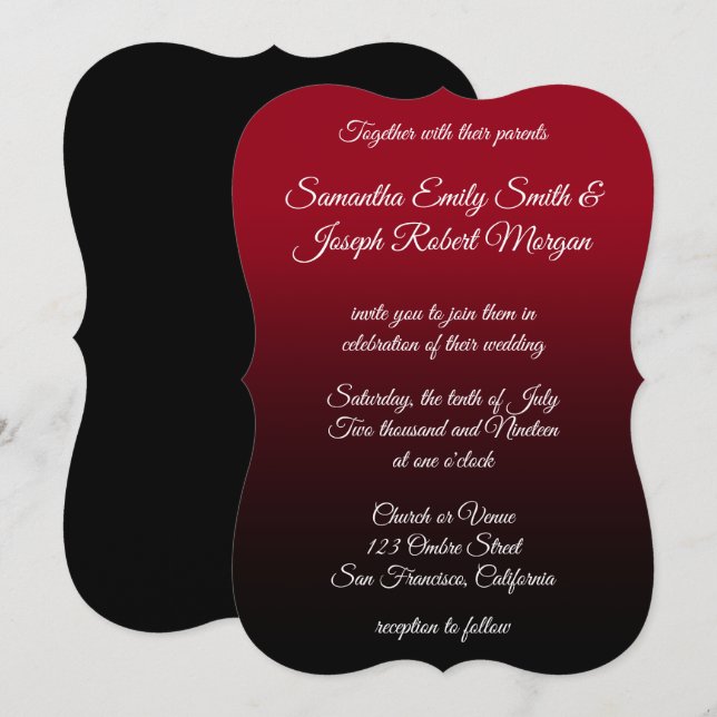 Invitation Rouge et noir Ombre Elegant Mariage de calligraphi (Devant / Derrière)