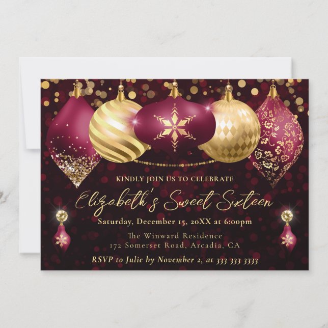 Invitation Rouge et or Baubles de Noël Sweet 16 (Devant)