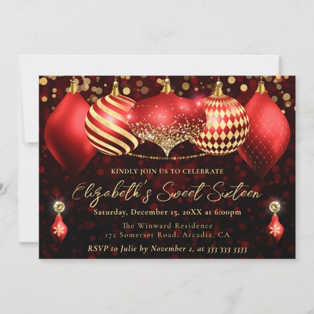 Invitation Rouge et or Baubles de Noël Sweet 16 (Devant)