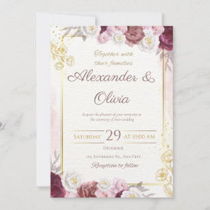 Invitation Rouge et or Floral Rustique Élégant Mariage blanc
