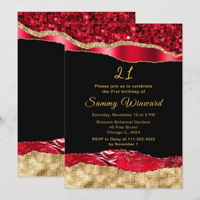 Invitation Rouge et or Glam Tears Anniversaire (Devant / Derrière)