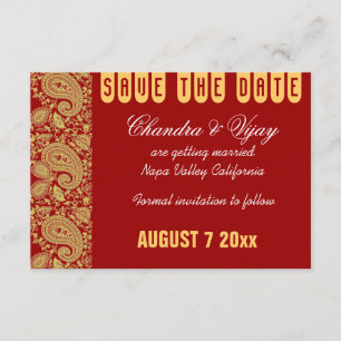 Invitation Rouge et or paisley Économisez la date mariage