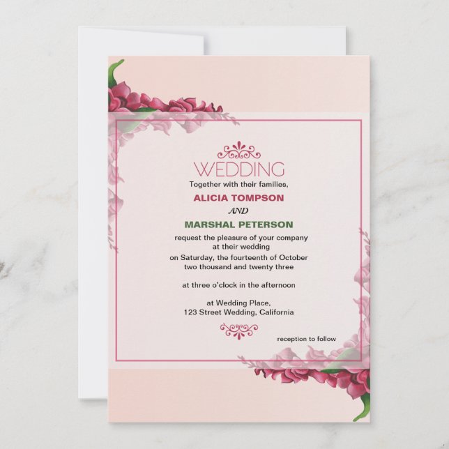 Invitation Rouge et rose clair Floral Rustique Mariage (Devant)