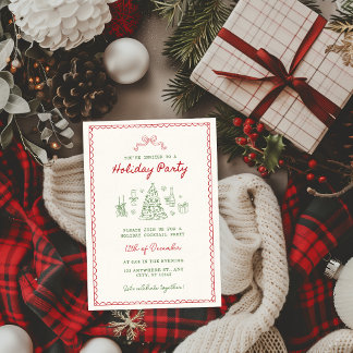 Invitation Rouge et Vert Noël Famille Vintage Doodle