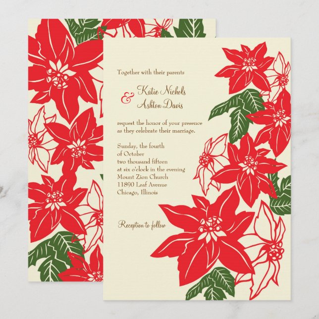 Invitation Rouge et vert Poinsettias Mariage de Noël (Devant / Derrière)