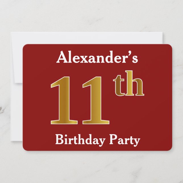Invitation Rouge, Faux Gold 11e fête d'anniversaire + Nom per (Devant)
