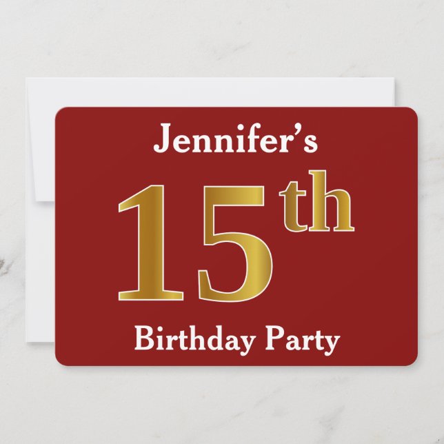 Invitation Rouge, Faux Gold 15e fête d'anniversaire + Nom per (Devant)