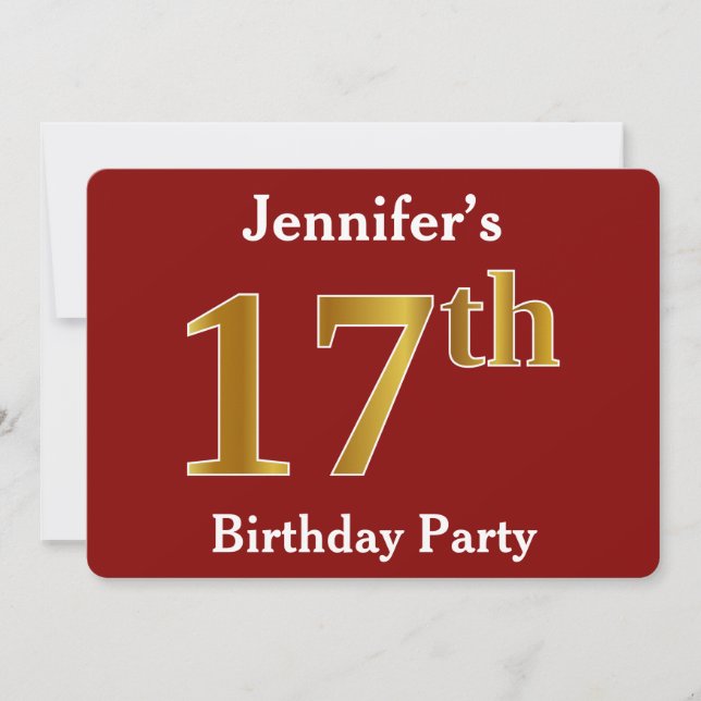 Invitation Rouge, Faux Gold 17e fête d'anniversaire + Nom per (Devant)