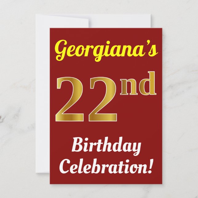Invitation Rouge, Faux Gold 22e anniversaire Célébration + No (Devant)