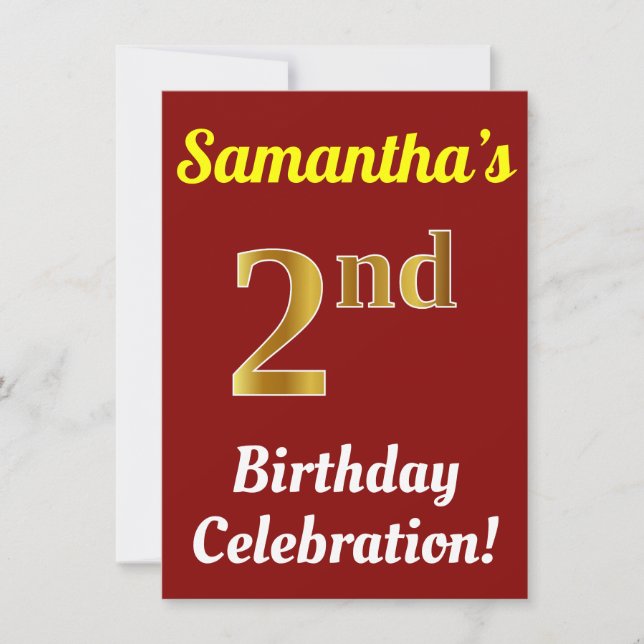 Invitation Rouge, Faux Gold 2e anniversaire Célébration + Nom (Devant)