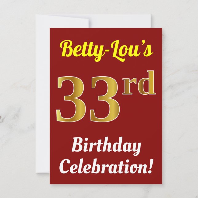 Invitation Rouge, Faux Gold 33ème anniversaire Fête + Nom (Devant)