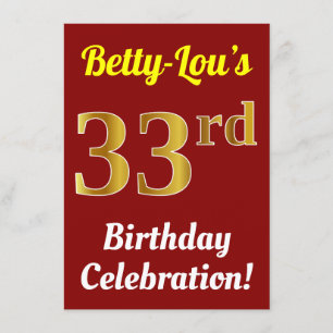 Invitation Rouge, Faux Gold 33ème anniversaire Fête + Nom