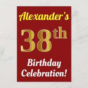 Invitation Rouge, Faux Gold 38e fête d'anniversaire + Nom