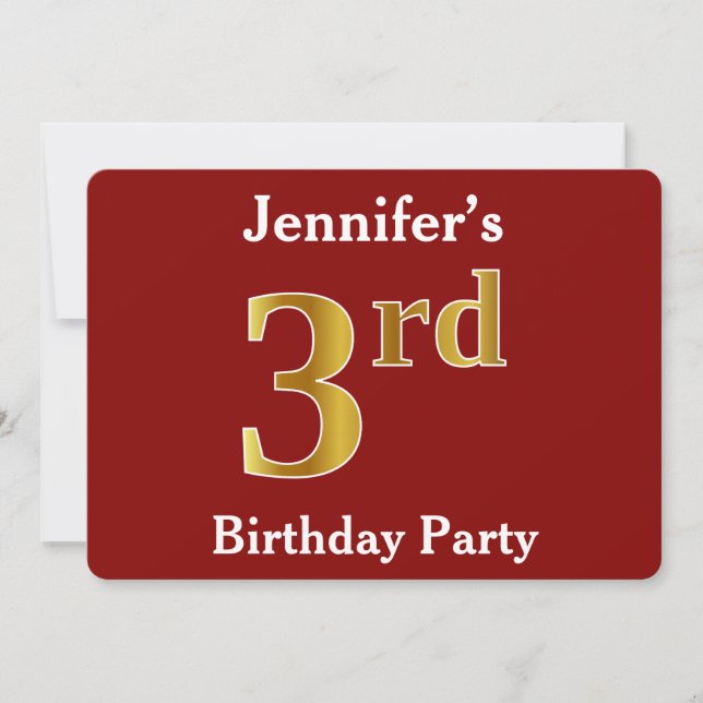 Invitation Rouge, Faux Gold 3ème fête d'anniversaire + Nom pe (Devant)