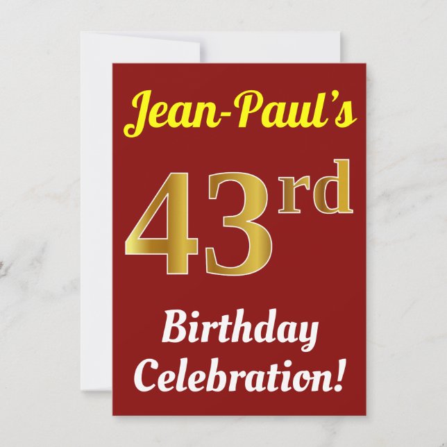 Invitation Rouge, Faux Gold 43ème anniversaire Célébration +  (Devant)