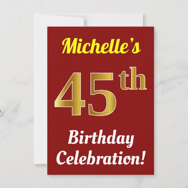 Invitation Rouge, Faux Gold 45e anniversaire Célébration + No (Devant)